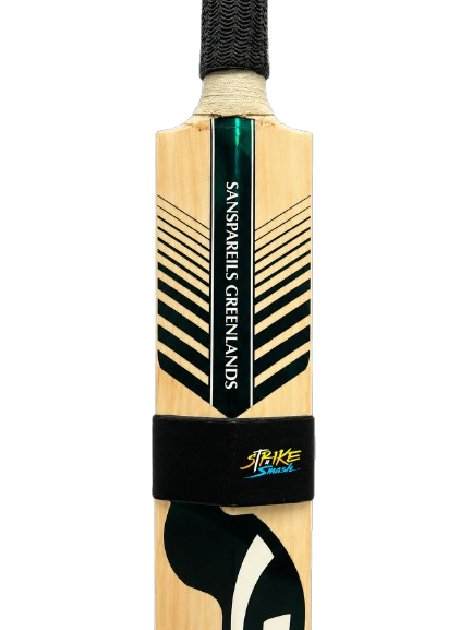 The Strike & Smash bat sensor strapped to a cricket bat